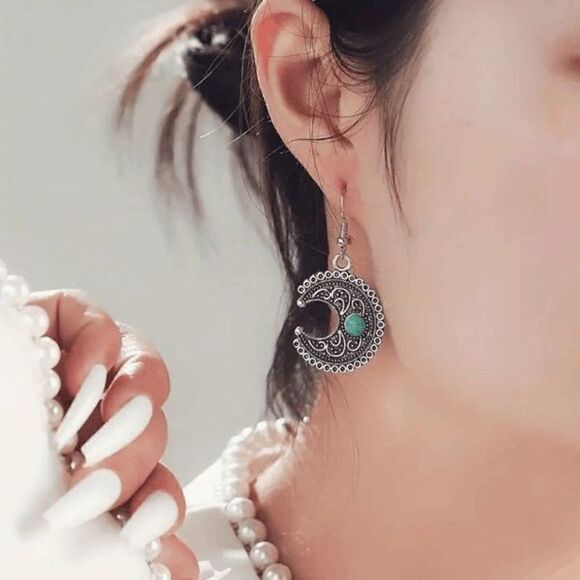 Silver Turquoise Filigree Moon Western Boho Dangle Earrings - Picture 4 of 5